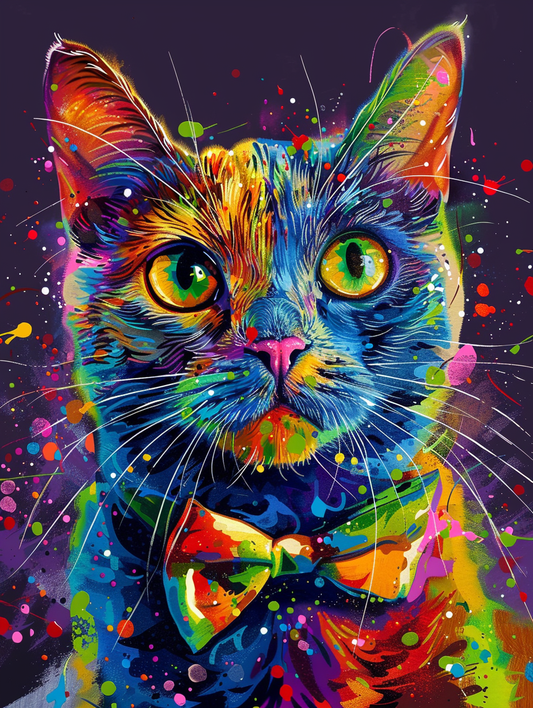 Colorful space Burmese cat with a bow tie Expressive surreal Poster # F024371