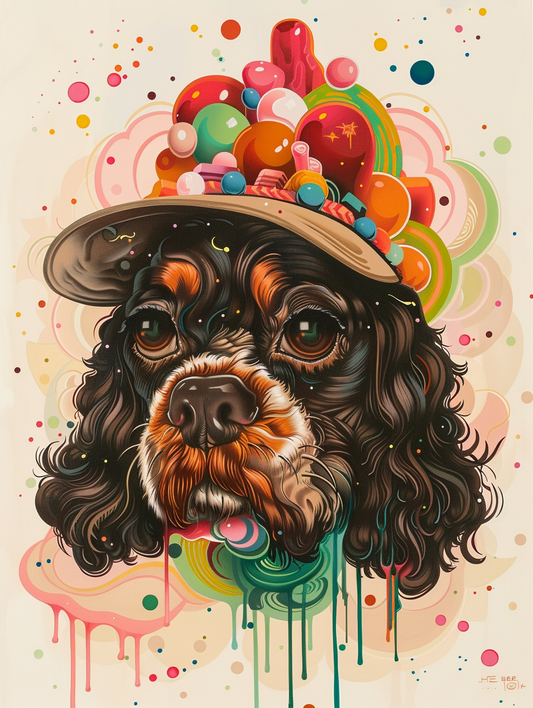 Colorful space Cocker Spaniel dog with a hat by He Expressive surreal Poster # F024580