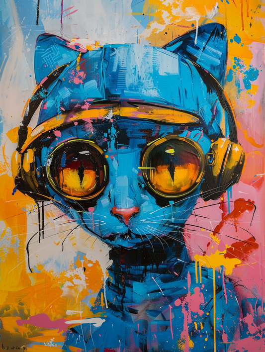 colorful space Russian Blue cat with a hat Expressive surreal Poster # F025231