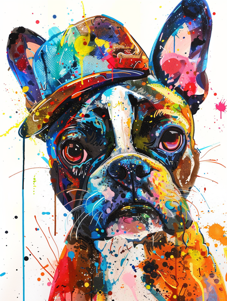 colorful space Boston Terrier dog with a hat Expressive surreal Poster # F025507