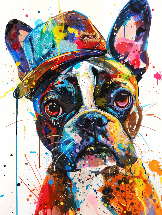 colorful space Boston Terrier dog with a hat Expressive surreal Poster # F025507