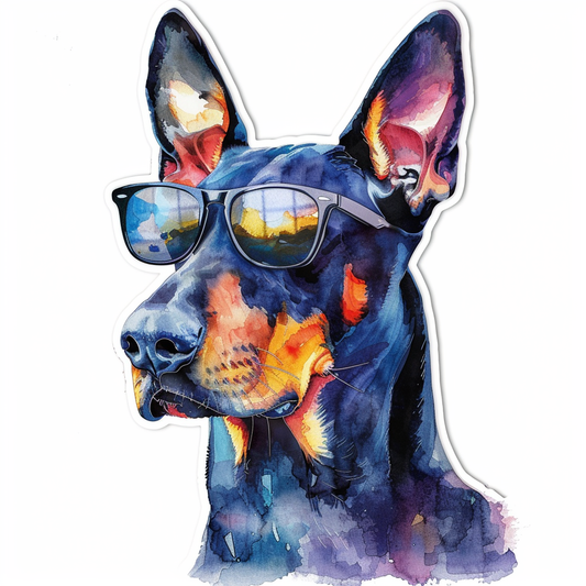 Sticker of a Doberman Pinscher Dog wearing sunglasses Expressive surreal Vinyl Decal Sticker for Car, Laptop, Tumbler and more # F019176