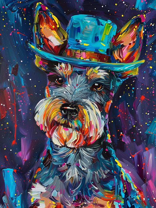 Colorful space Miniature Schnauzer dog with a hat Expressive surreal Poster # F025160