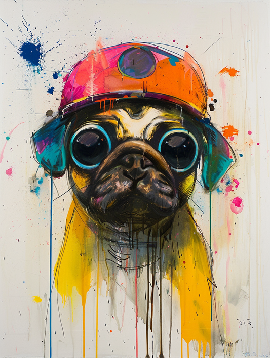 Colorful space Pug dog with a hat by Hebru Brantle Poster # F024579
