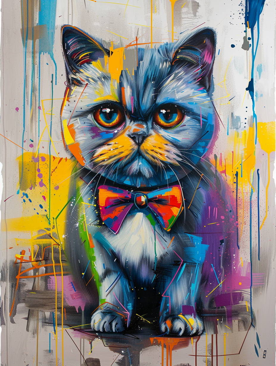 Colorful space British Shorthair cat with a bow ti Expressive surreal Poster # F024713