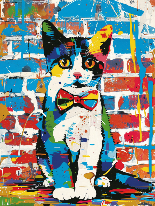 Colorful space American Shorthair cat with a bow Expressive surreal Poster # F024309