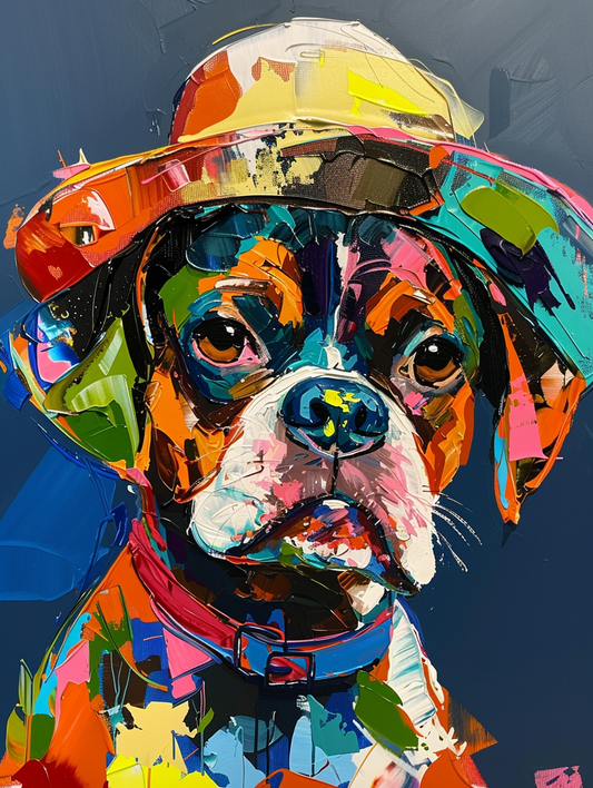 Colorful space Boxer dog with a hat Expressive surreal Poster # F025653