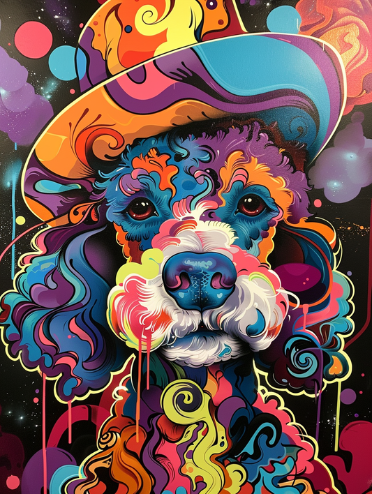 Colorful space Poodle dog with a hat Expressive surreal Poster # F025629