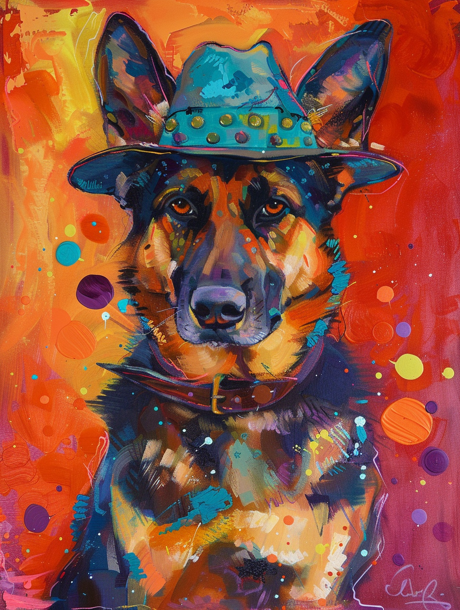 Colorful space German Shepherd dog with a hat Expressive surreal Poster # F025177