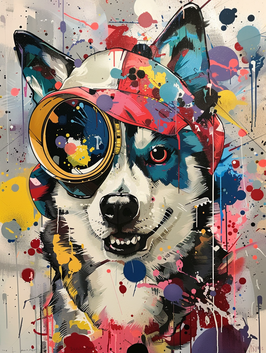 Colorful space Siberian Husky dog with a hat Expressive surreal Poster # F025445
