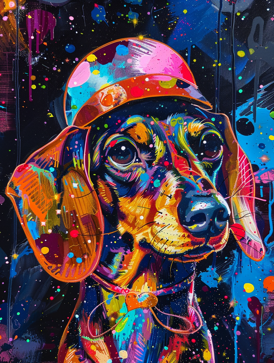 Colorful space Dachshund dog with a hat Expressive surreal Poster # F024925