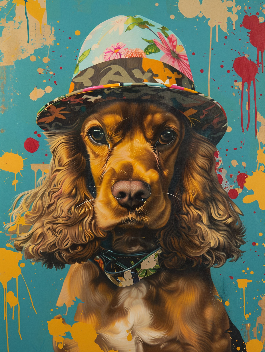 Colorful space Cocker Spaniel dog with a hat Expressive surreal Poster # F024963