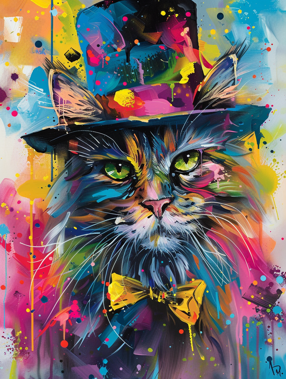 Colorful space Maine Coon cat with a hat by Hebru Expressive surreal Poster # F024592