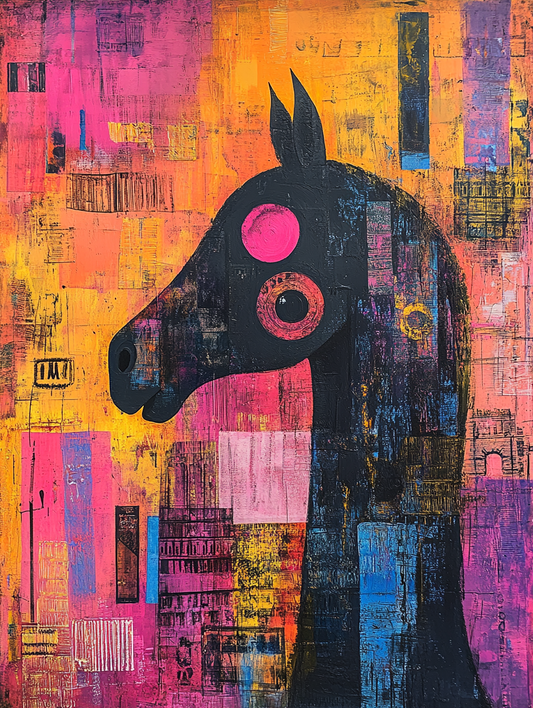 The silhouette of a horse with an abstract colorful background Expressive surreal Poster # F024824