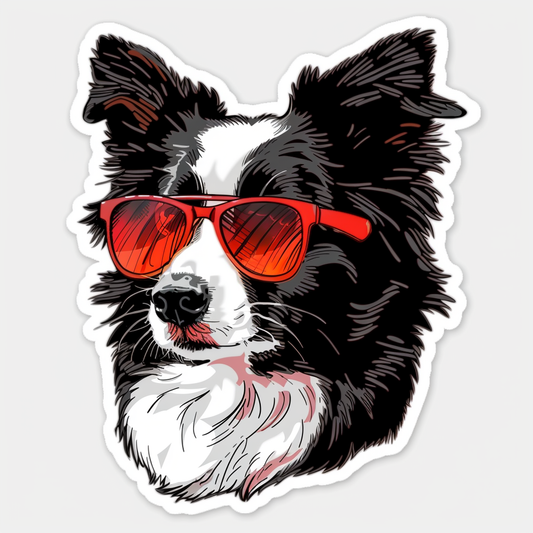 Border Collie Dog wearing sunglasses Expressive surreal Vinyl Decal Sticker for Car, Laptop, Tumbler and more # F021694-4" x 4"