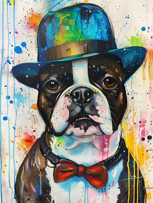 colorful space Boston Terrier dog with a hat Expressive surreal Poster # F025111
