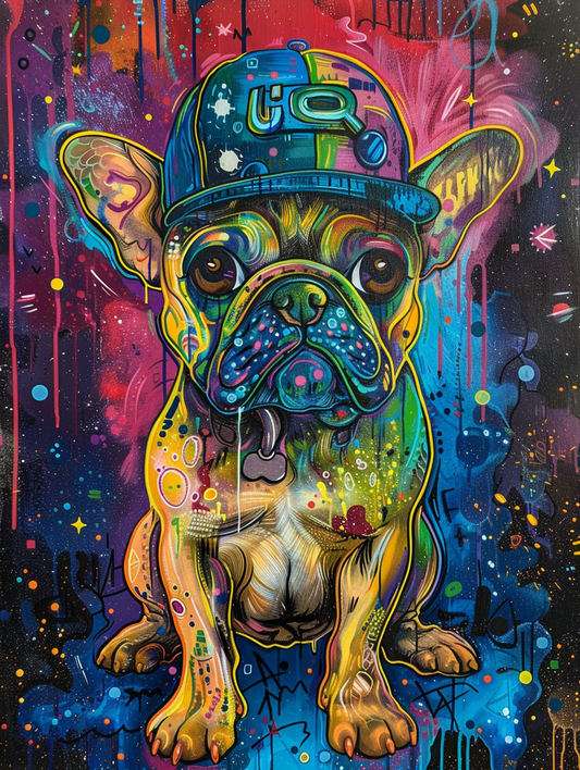 Colorful space Bulldog dog with a hat Expressive surreal Poster # F025394
