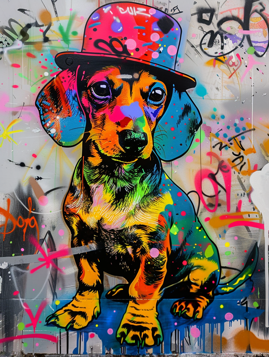 Colorful space Dachshund dog with a hat Expressive surreal Poster # F024565