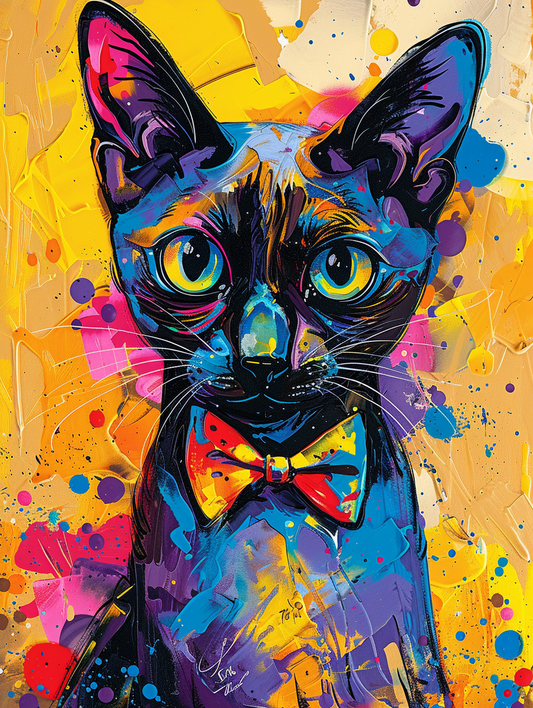 Colorful space Siamese cat with a bow tie Expressive surreal Poster # F024690