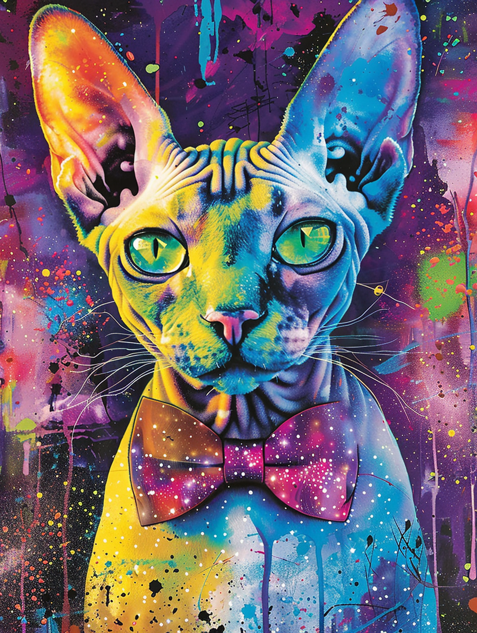 Colorful space Devon Rex cat with a bow tie Expressive surreal Poster # F024336
