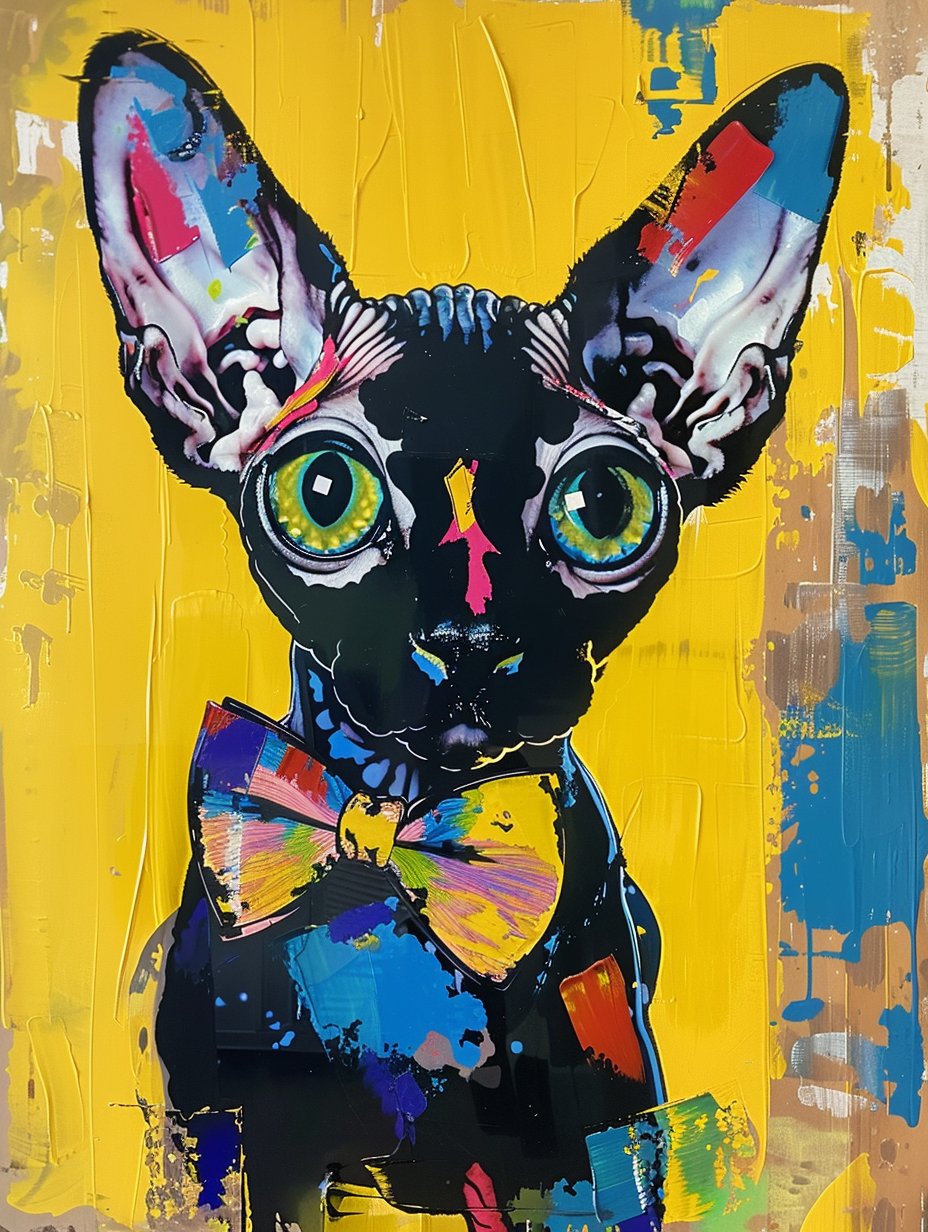 Colorful space Devon Rex cat with a bow tie Expressive surreal Poster # F024390