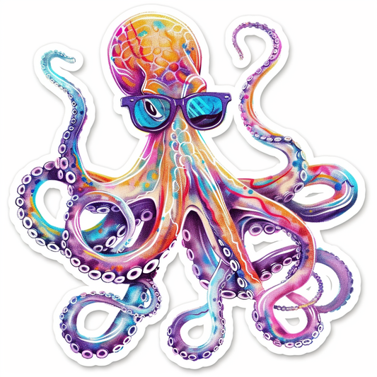 Sticker of a Octopus wearing sunglasses majestic Expressive surreal Vinyl Decal Sticker for Car, Laptop, Tumbler and more # F015372