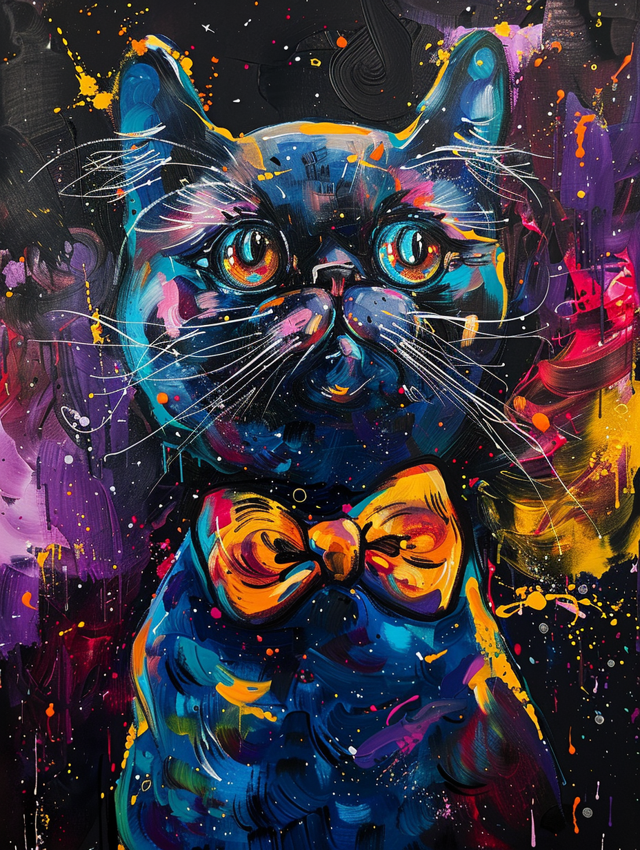 Colorful space Scottish Fold cat with a bow tie Expressive surreal Poster # F024320