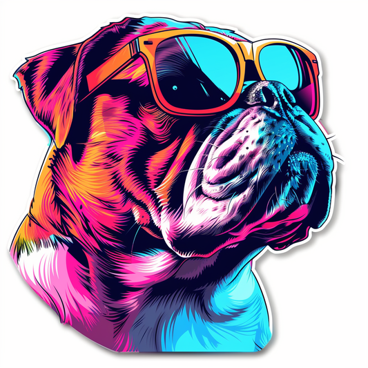 Bulldog Cool Neon Party in sunglasses Expressive surreal Vinyl Decal Sticker for Car, Laptop, Tumbler and more # F018055