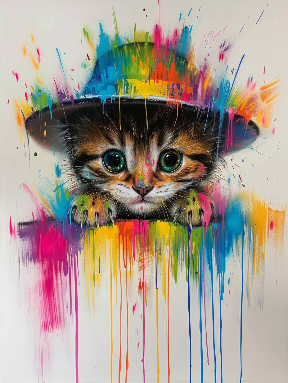 colorful space Bengal cat with a hat by Gotlib Bran Expressive surreal Poster # F024677