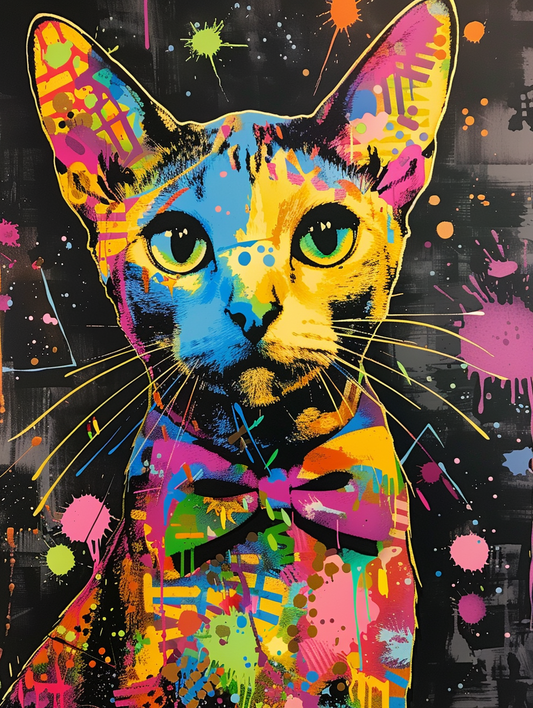 Colorful space Bengal cat with a bow tie Expressive surreal Poster # F024388