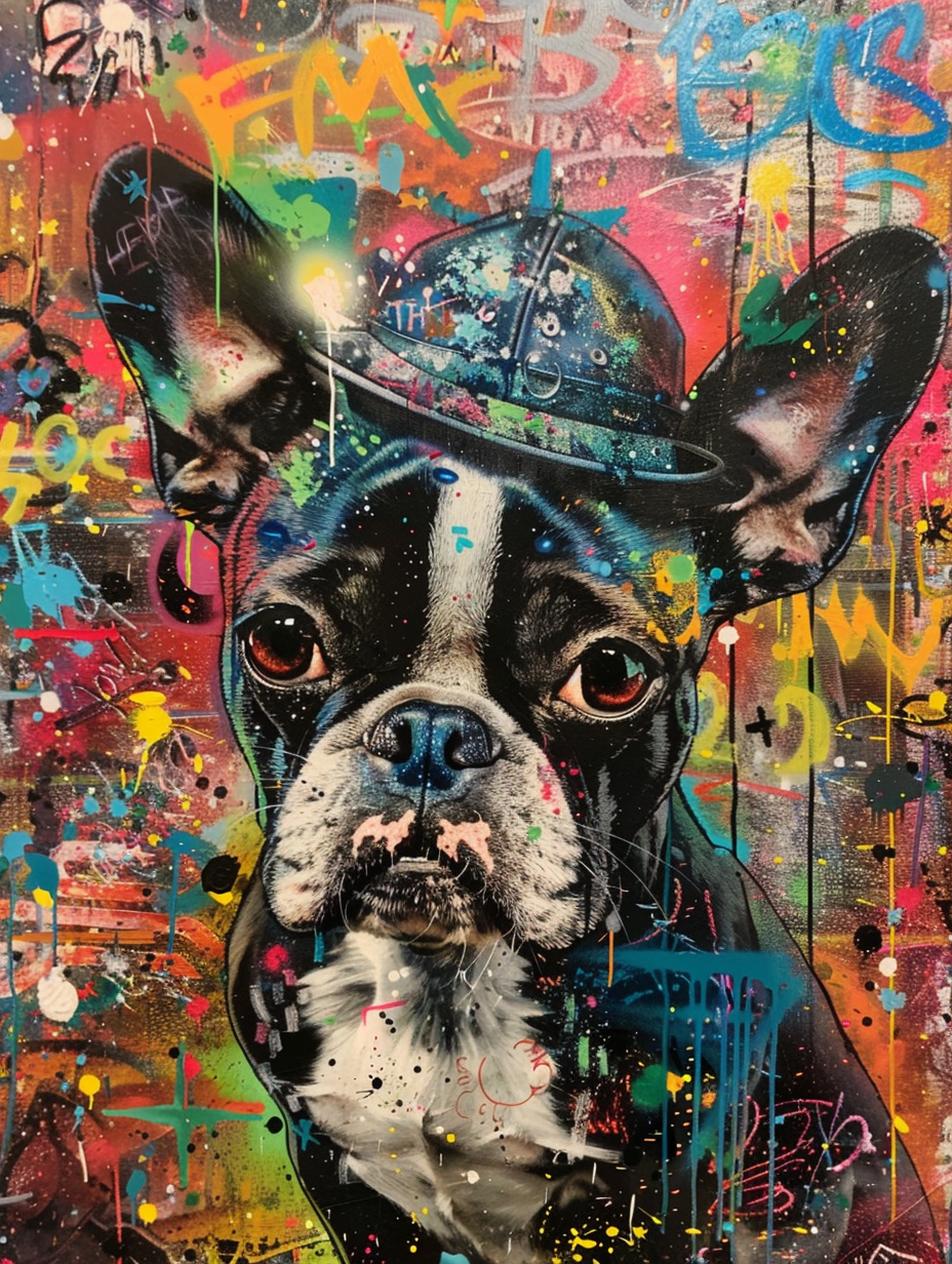 Colorful space Boston Terrier dog with a hat Expressive surreal Poster # F024612