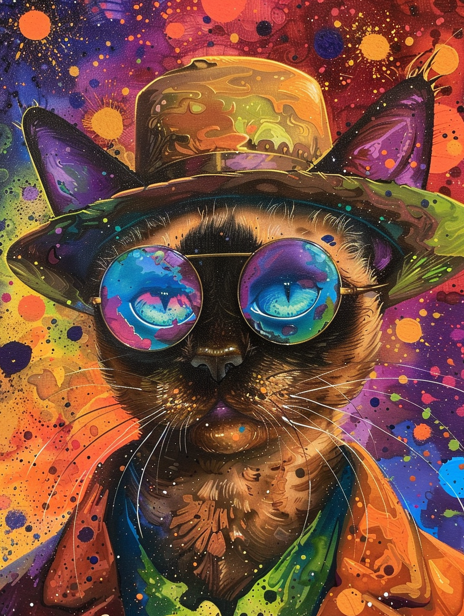 Colorful space Burmese cat with a hat by Hebru Bra, Expressive surreal Poster # F024644
