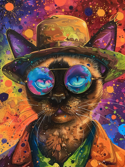Colorful space Burmese cat with a hat by Hebru Bra, Expressive surreal Poster # F024644