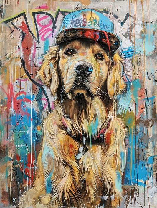 Colorful space Golden Retriever dog with a hat Expressive surreal Poster # F024495
