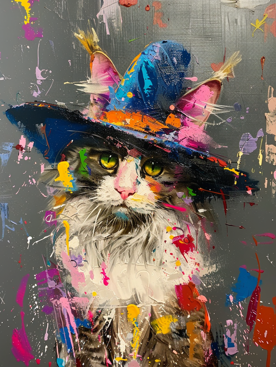 Colorful space Maine Coon cat with a hat Expressive surreal Poster # F024653