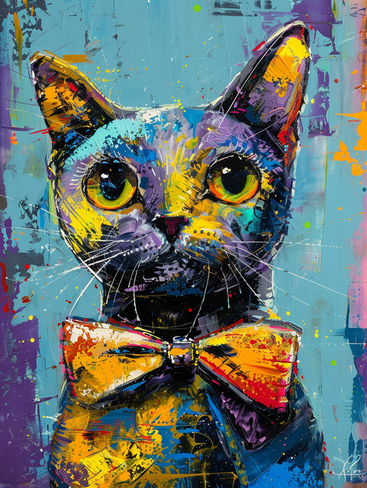 Colorful space American Shorthair cat with a bow Expressive surreal Poster # F024308