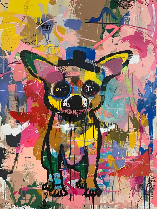 Colorful space Chihuahua dog with a hat by Hebru B Expressive surreal Poster # F024619