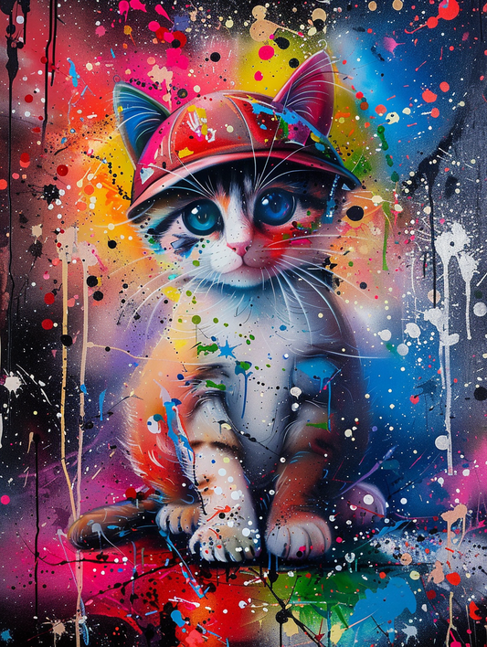 colorful space Manx cat with a hat Expressive surreal Poster # F025253