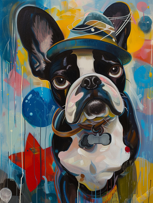 Colorful space Bulldog dog with a hat Expressive surreal Poster # F025651
