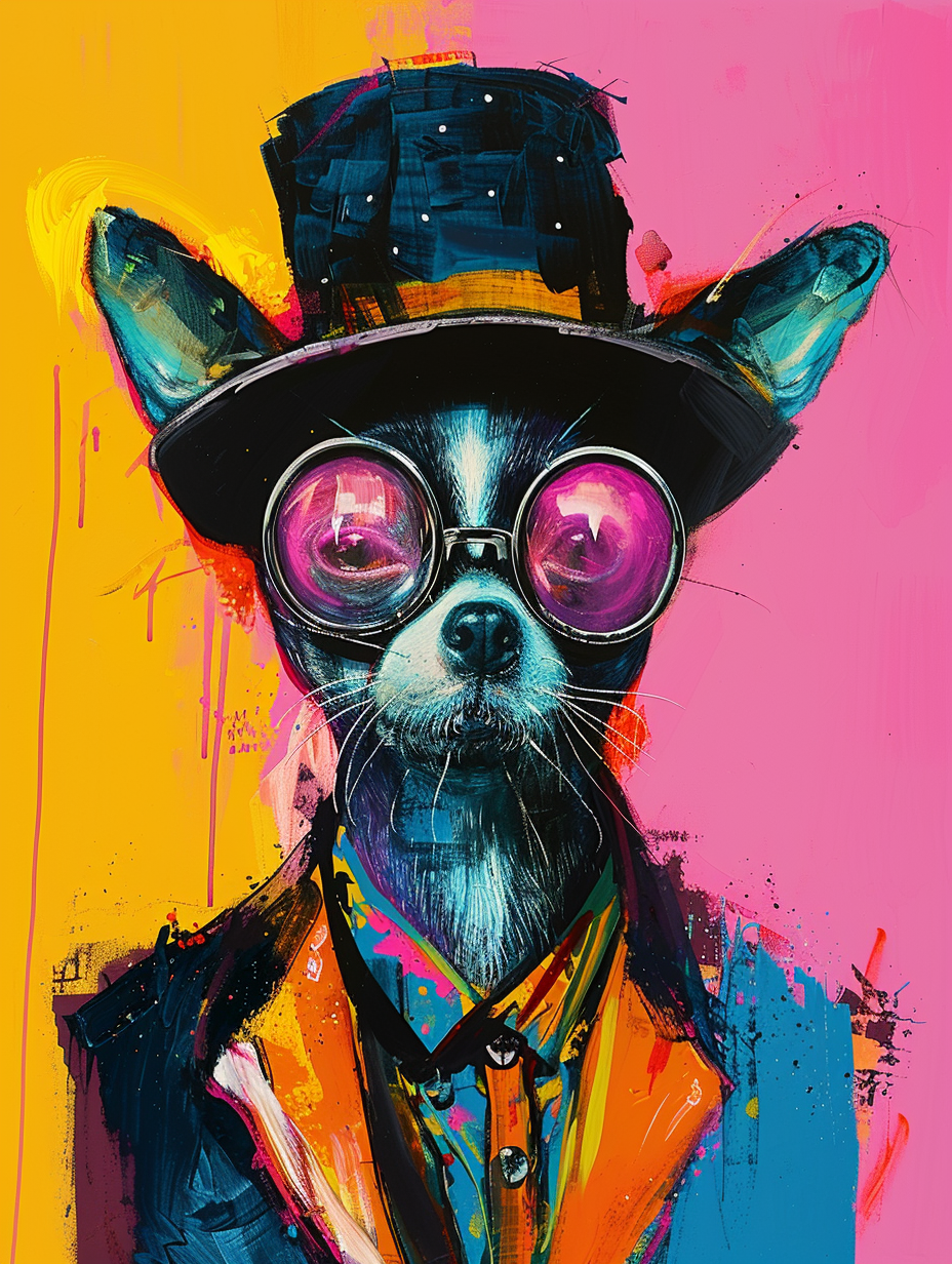 Colorful space Chihuahua dog with a hat Expressive surreal Poster # F024490