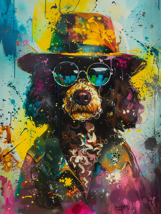 Colorful space Poodle dog with a hat Expressive surreal Poster # F025582