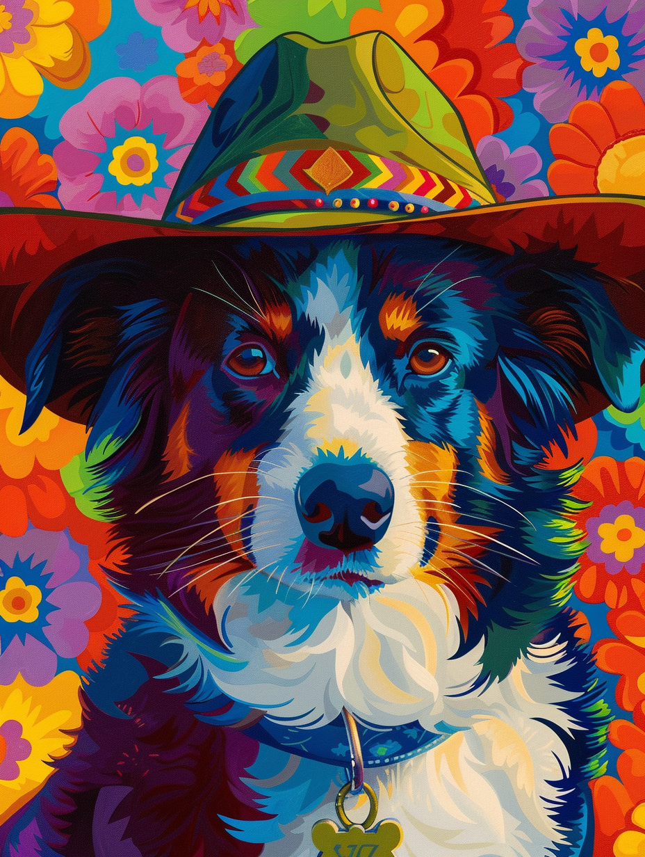 Colorful space Border Collie dog with a hat Expressive surreal Poster # F025488