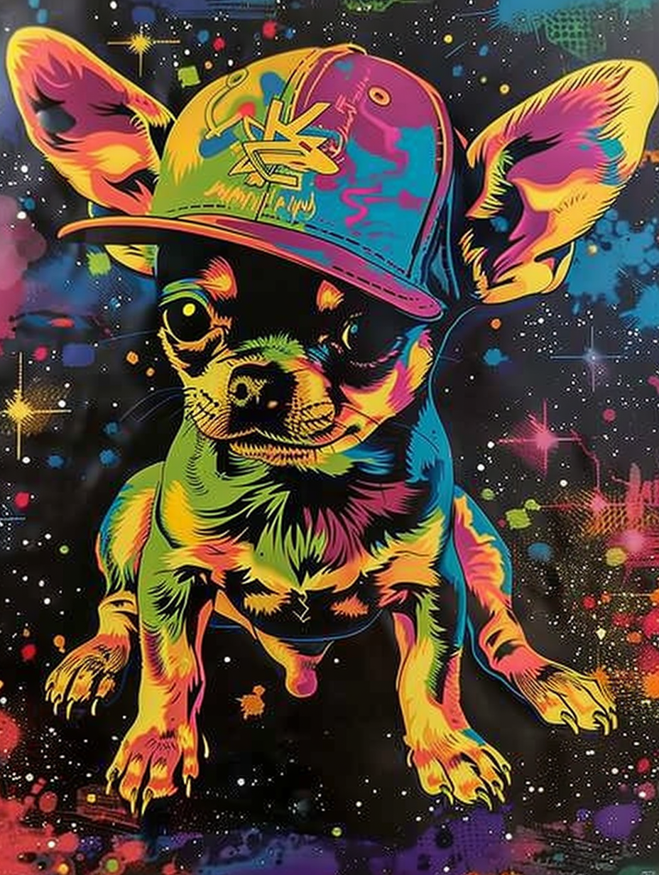 Colorful space Chihuahua dog with a hat Expressive surreal Poster # F024628