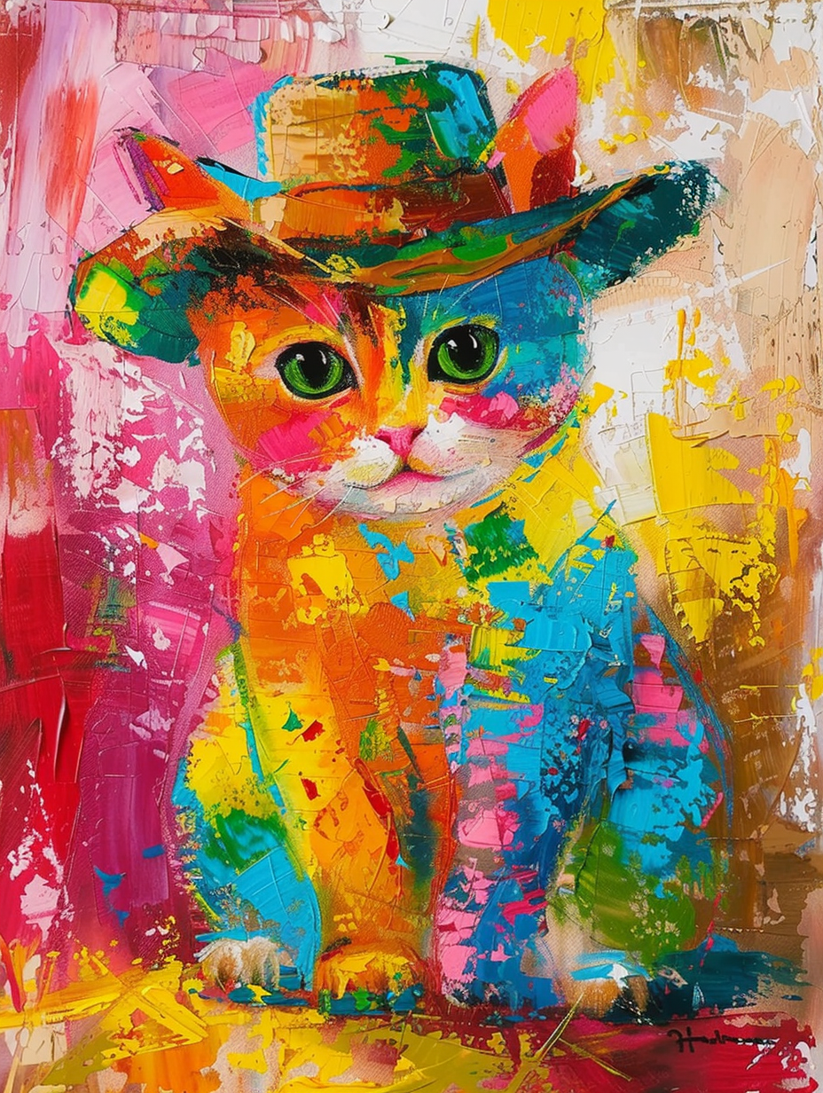 Colorful space British Shorthair cat with a hat Expressive surreal Poster # F024663