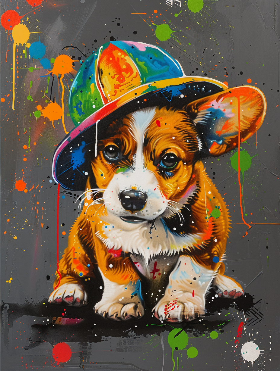Colorful space Pembroke Welsh Corgi dog with a hat Expressive surreal Poster # F025190