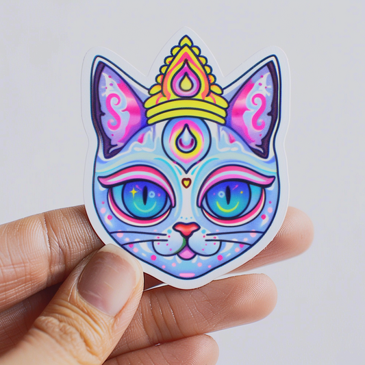 Sticker of a Cat Buddha cartoon majestic Expressive surreal Vinyl Decal Sticker for Car, Laptop, Tumbler and more # F017209