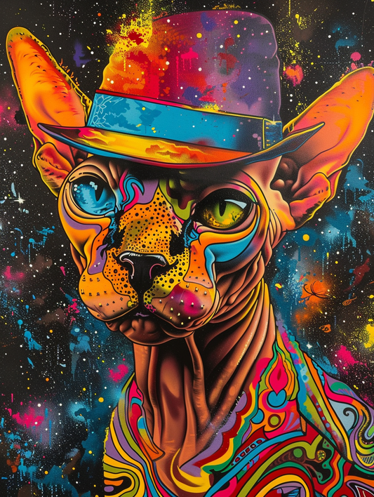 Colorful space Sphynx cat with a hat Expressive surreal Poster # F024646