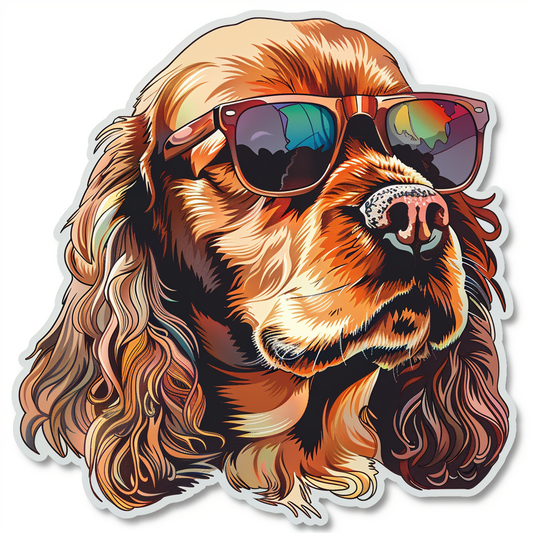 Cocker Spaniel Dog wearing sunglasses Expressive surreal Vinyl Decal Sticker for Car, Laptop, Tumbler and more # F020096-4" x 4"