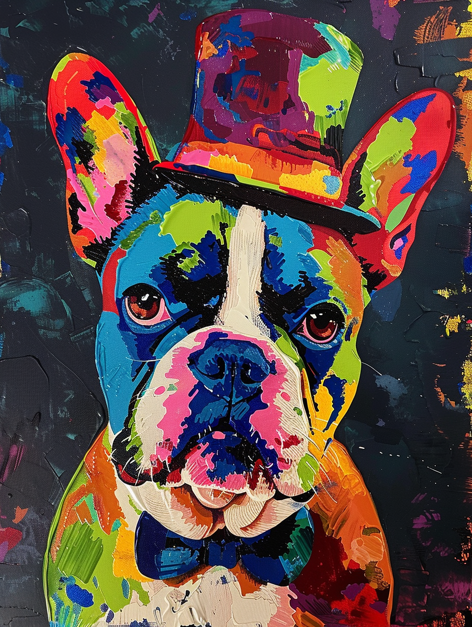 Colorful space French Bulldog dog with a hat Expressive surreal Poster # F025395