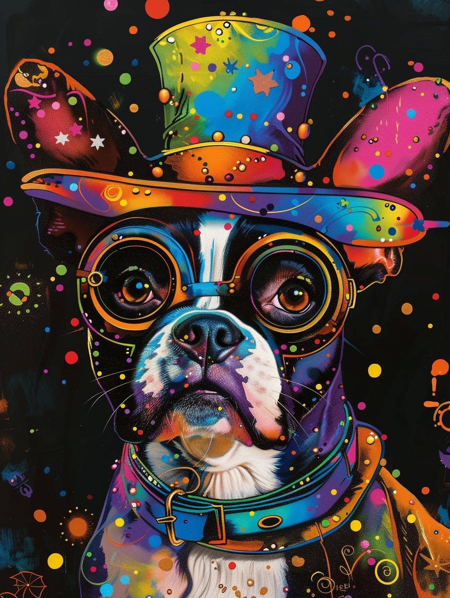 Colorful space Boston Terrier dog with a hat Expressive surreal Poster # F024624
